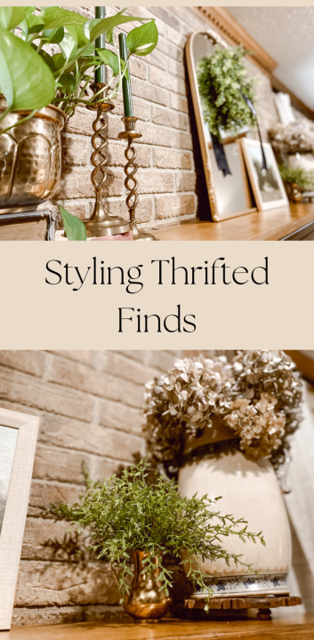 thrifted finds styled on a mantle #mantledecor #thriftedfinds #stylingthriftedfinds #brasscandlesticks #thriftedbrasscandlesticks #pothos #brassplanter #woodmantle #craftsmanstyle #traditional