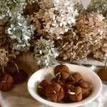 dried hydrangeas with cinnamon applesauce pumpkins in ironstone bowl