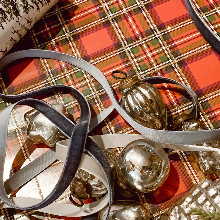 plaid wrapping paper, velvet ribbon and mercury glass ornaments