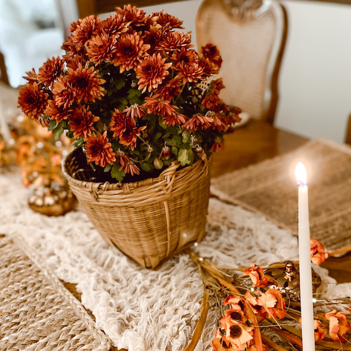 mum in basket in the center of a fall tablescape