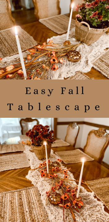 Easy Fall Tablescape #fall #tablescape #candles #mums #pumpkins #budget #budgetfriendly #DIY #falltablescapes #tablescapes