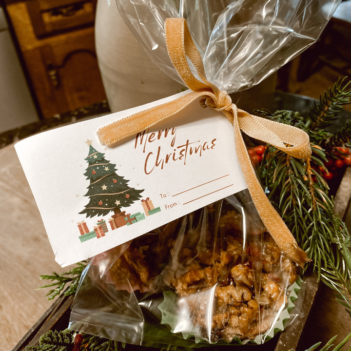 Cranberry Pecan Mini Pies in clear bags tied with velvet ribbon and a gift tag