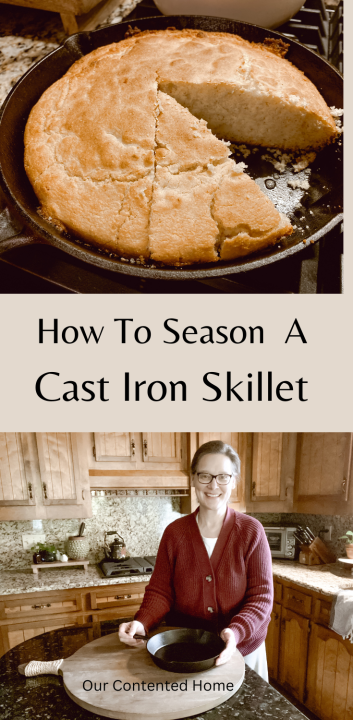 How To Season A Cast Iron Skillet with a woman in a kitchen and cornbread in a skillet